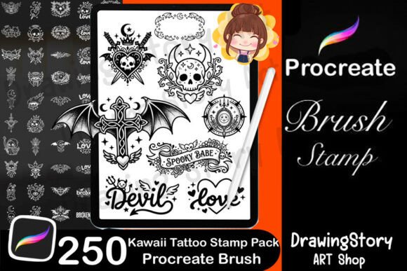 250 Kawaii Tattoo Stamps for Procreate: A Designer's Toolkit